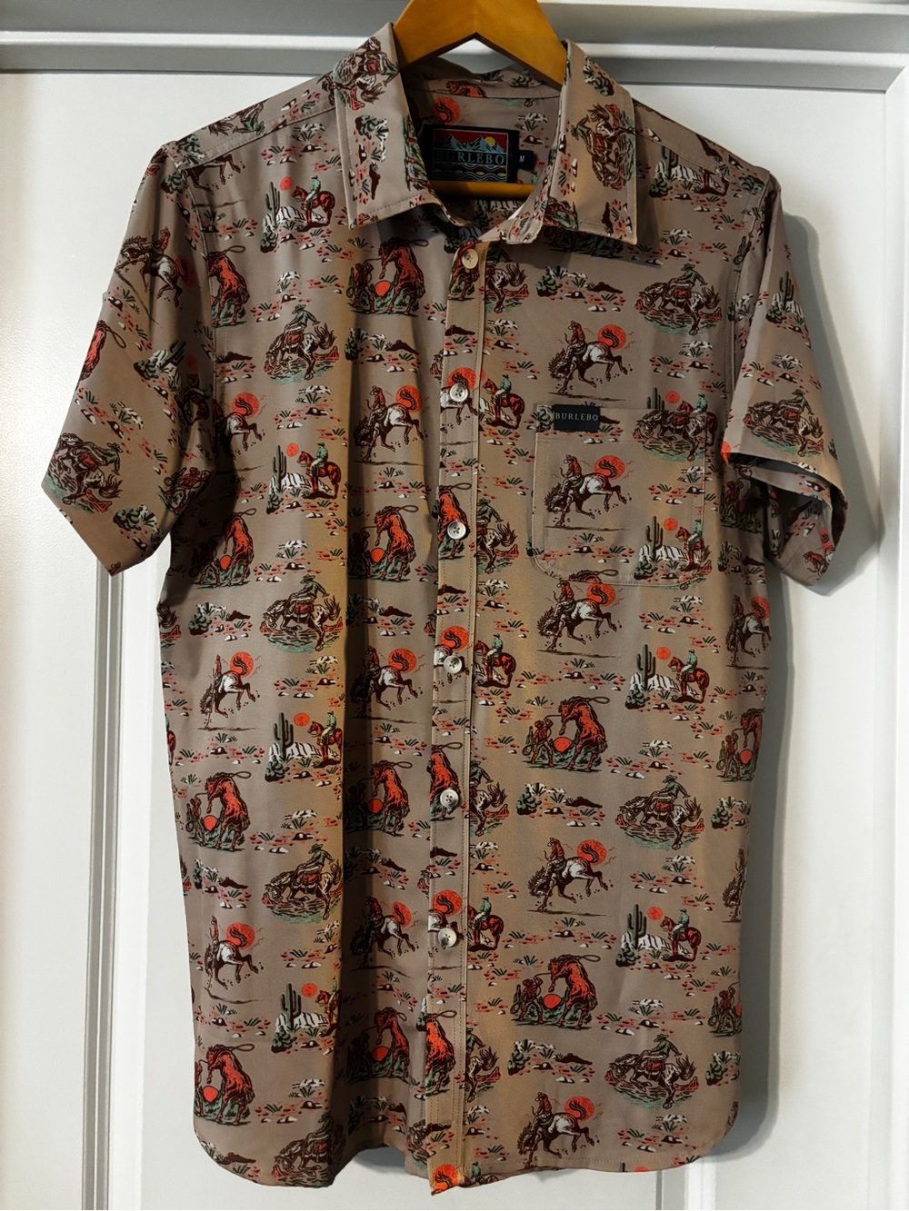 Burlebo Men's Short-Sleeve Desert Print Shirt - Tan with Orange Accents